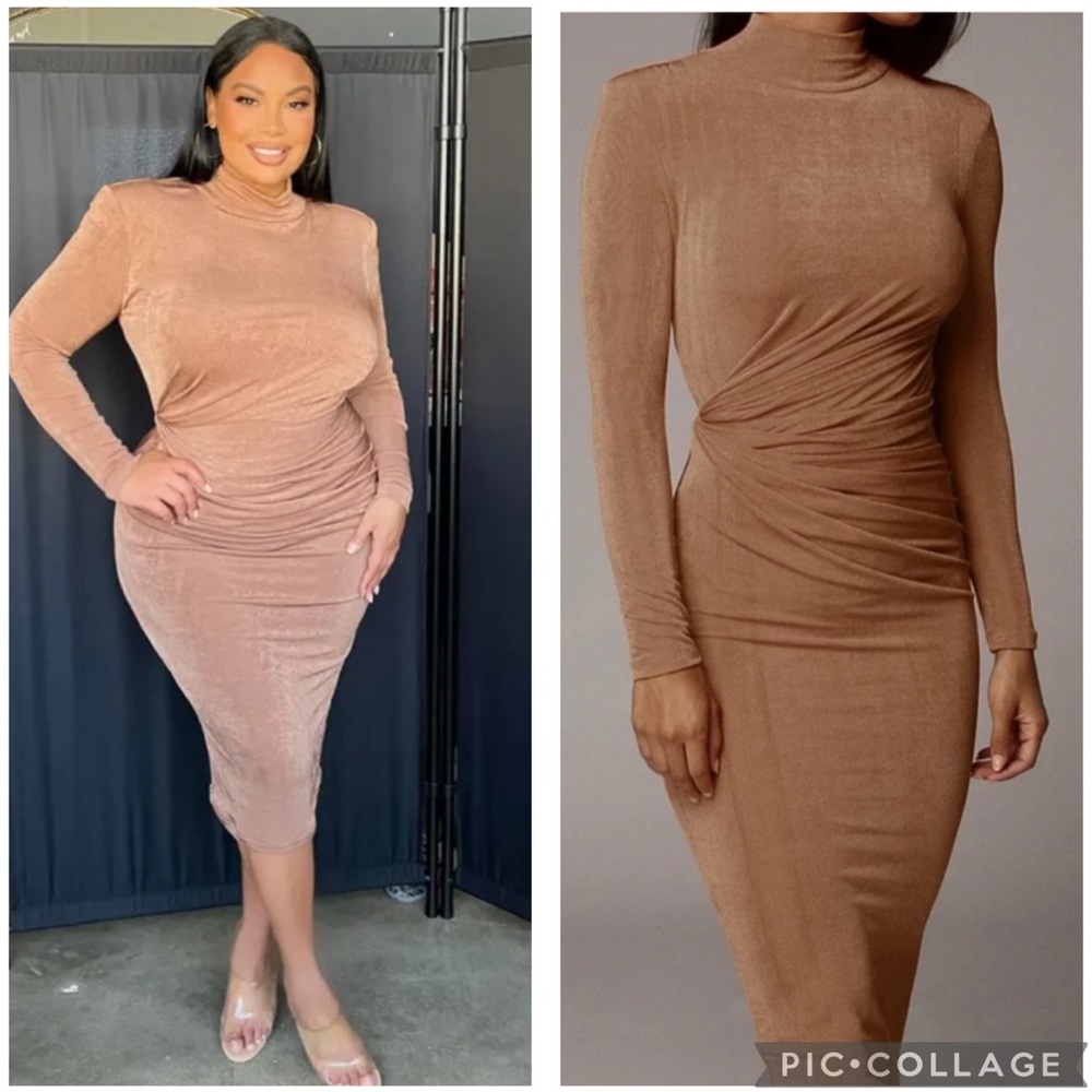JLUXLABEL Kara Mock Neck Bodycon Midi Dress Gold Tan‎ 2XL